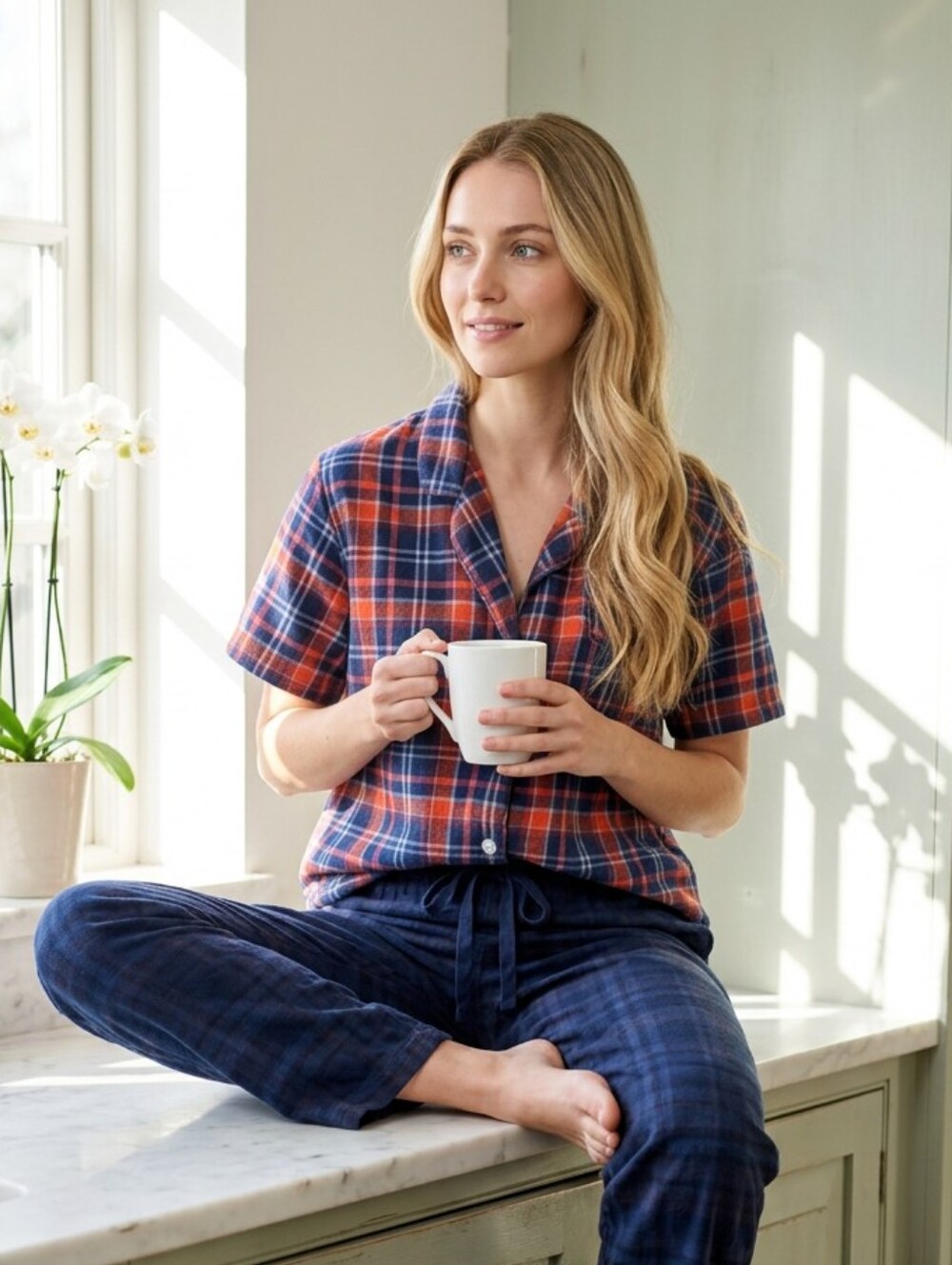 Pact Women's 100% Organic Cotton Short-Sleeve Orange And Navy Plaid Pajama Top